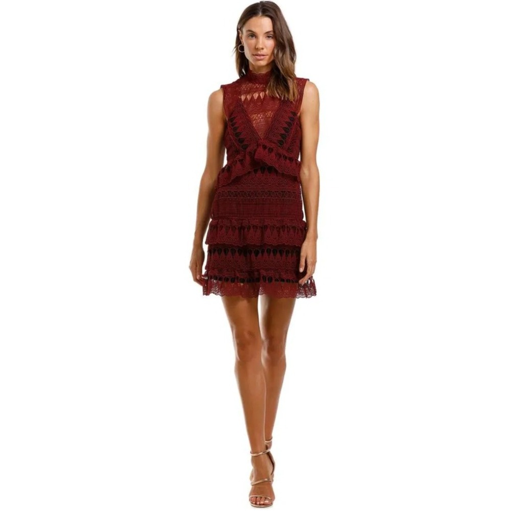 Self-Portrait Teardrop Guipure Lace Paneled Mini Dress Tiered Burgundy Red 2